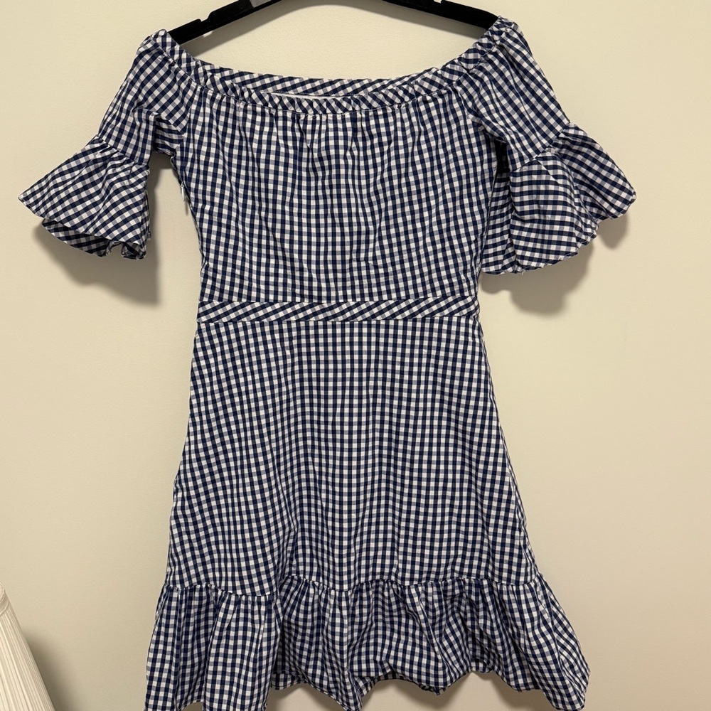 Lucy Paris Navy Gingham Off-Shoulder Mini Dress